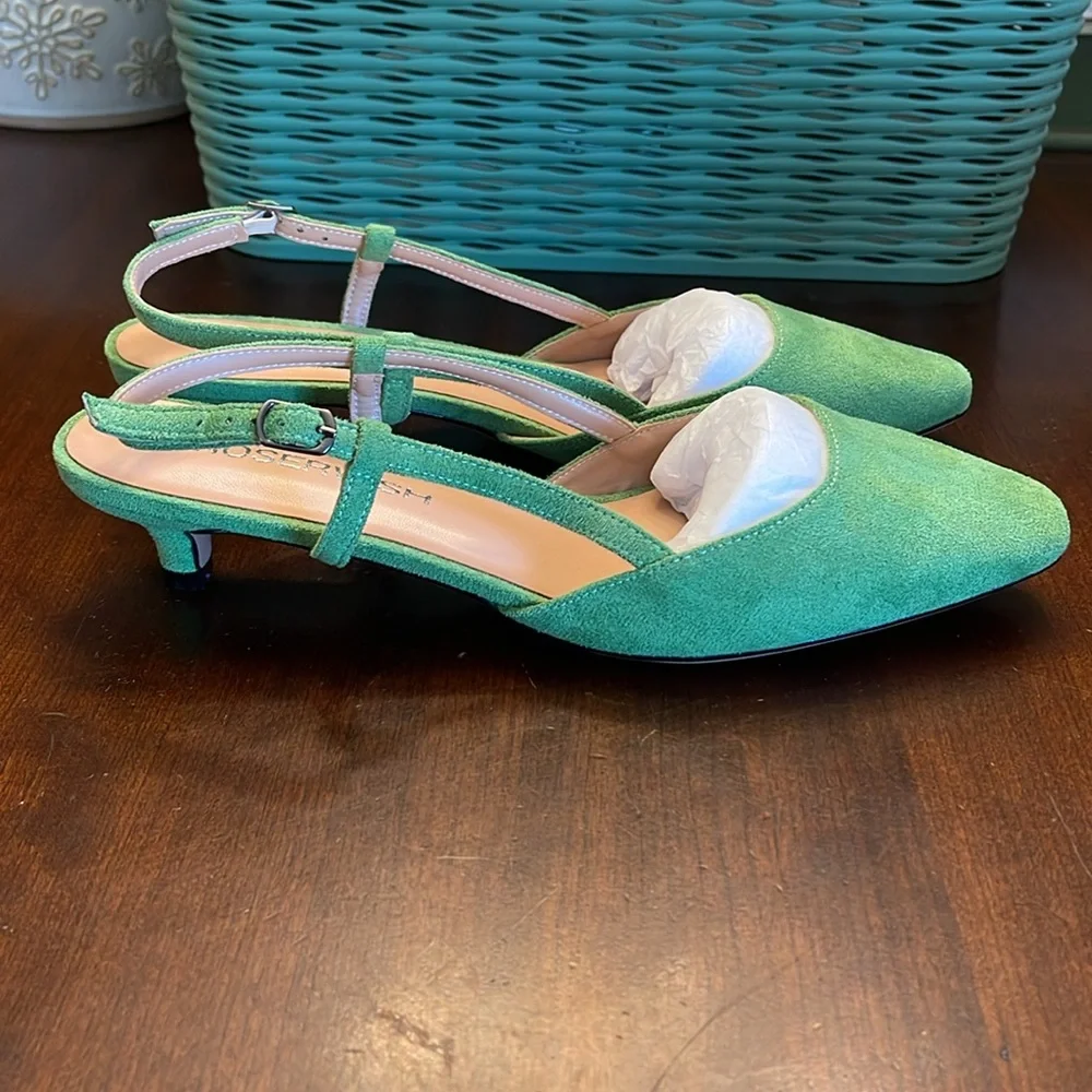 NWOT ROSERWISH Cute Square Toe Slingback Suede Kitten Low Heel, Green - SZ 9 - Picture 3 of 7